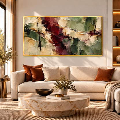 Green Burgundy Abstract Textured Wall Art for Luxury Interiors