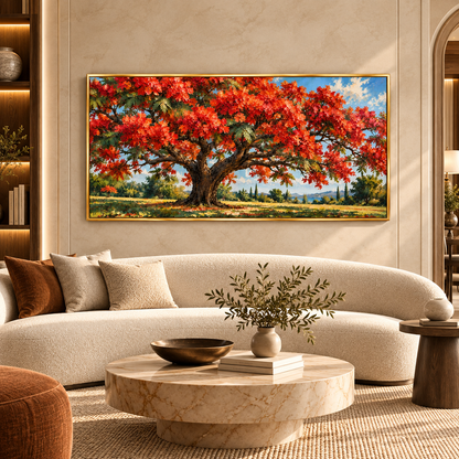 Red Blossom Tree Landscape Wall Art for Luxury Living Room Decor