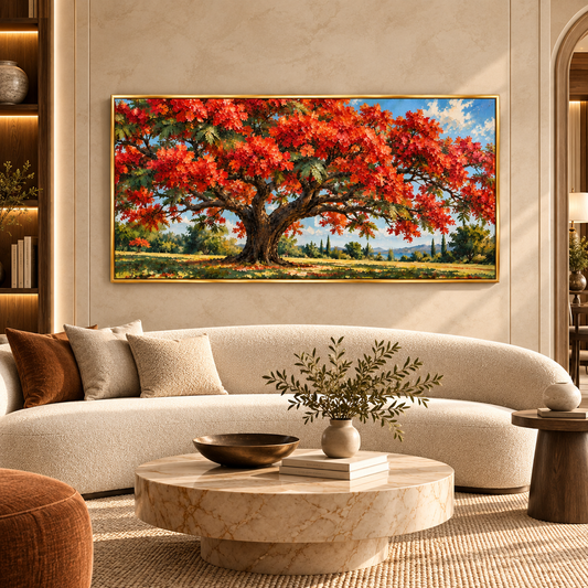 Red Blossom Tree Landscape Wall Art for Luxury Living Room Decor