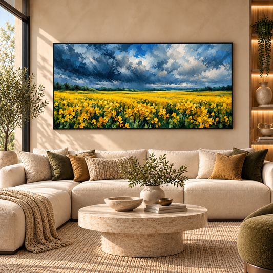 Blue & Yellow Wildflower Landscape Painting for Modern Living Room Decor
