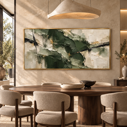 Green Abstract Textured Wall Art with Gold Accents & Black Frame