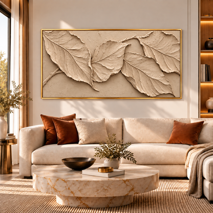 Beige Textured Leaf Relief Wall Art for Modern Luxury Interiors