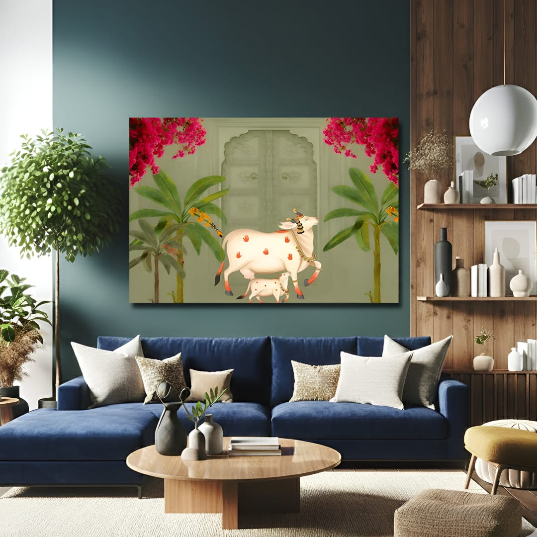 Kamdhenu Cow with Calf – Pichwai Canvas Wall Art for Living Room