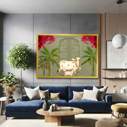 Kamdhenu Cow with Calf – Pichwai Canvas Wall Art for Living Room