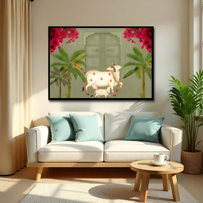 Kamdhenu Cow with Calf – Pichwai Canvas Wall Art for Living Room
