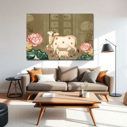 Cow and Calf Canvas Wall Art – Traditional Pichwai Painting for Interiors