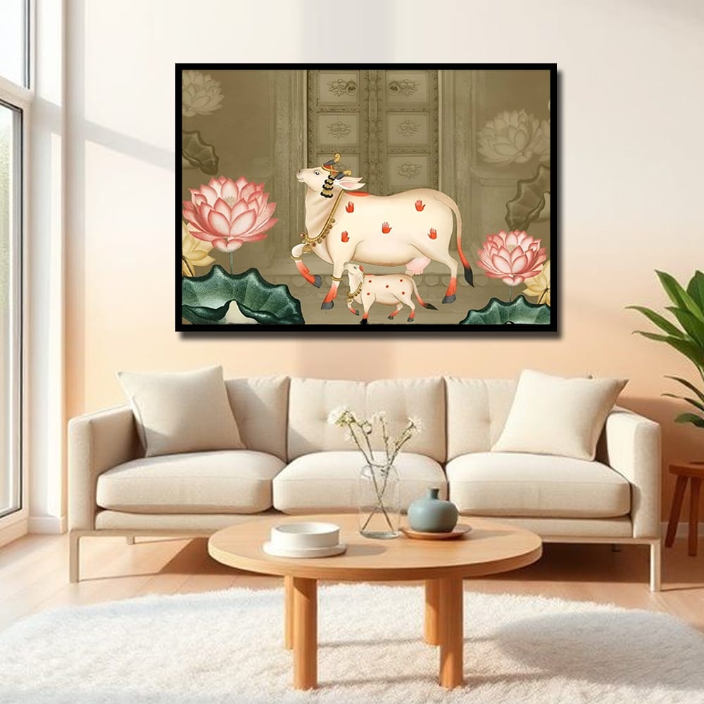 Cow and Calf Canvas Wall Art – Traditional Pichwai Painting for Interiors