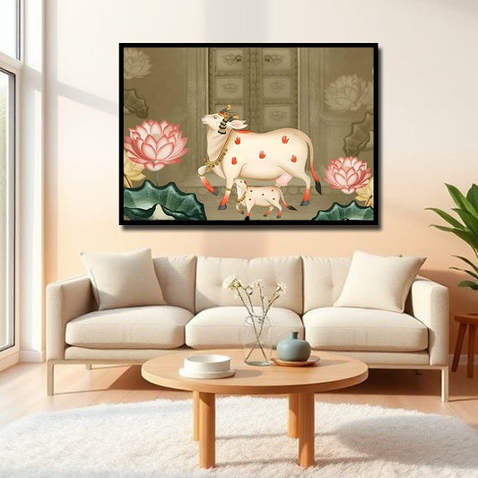 Cow and Calf Canvas Wall Art – Traditional Pichwai Painting for Interiors