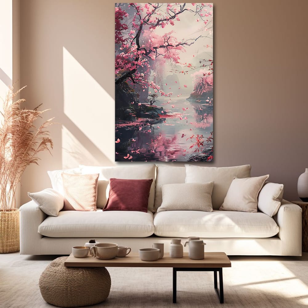 Cherry Blossom Canvas Wall Art – Japanese Scenic Painting for Serenity