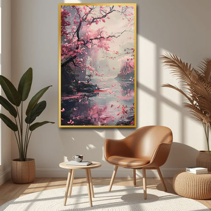 Cherry Blossom Canvas Wall Art – Japanese Scenic Painting for Serenity