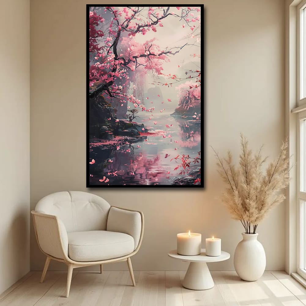 Cherry Blossom Canvas Wall Art – Japanese Scenic Painting for Serenity