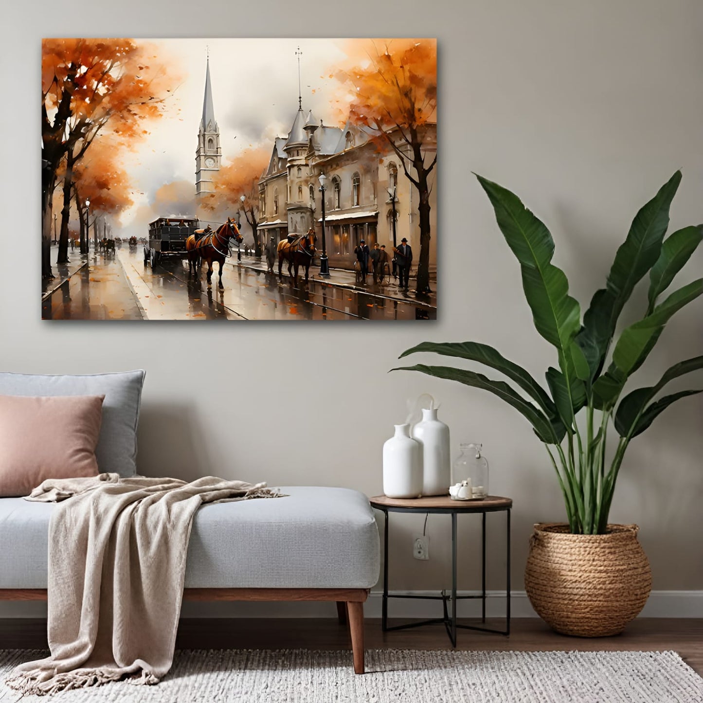 Vintage British Autumn Street Canvas Wall Art 