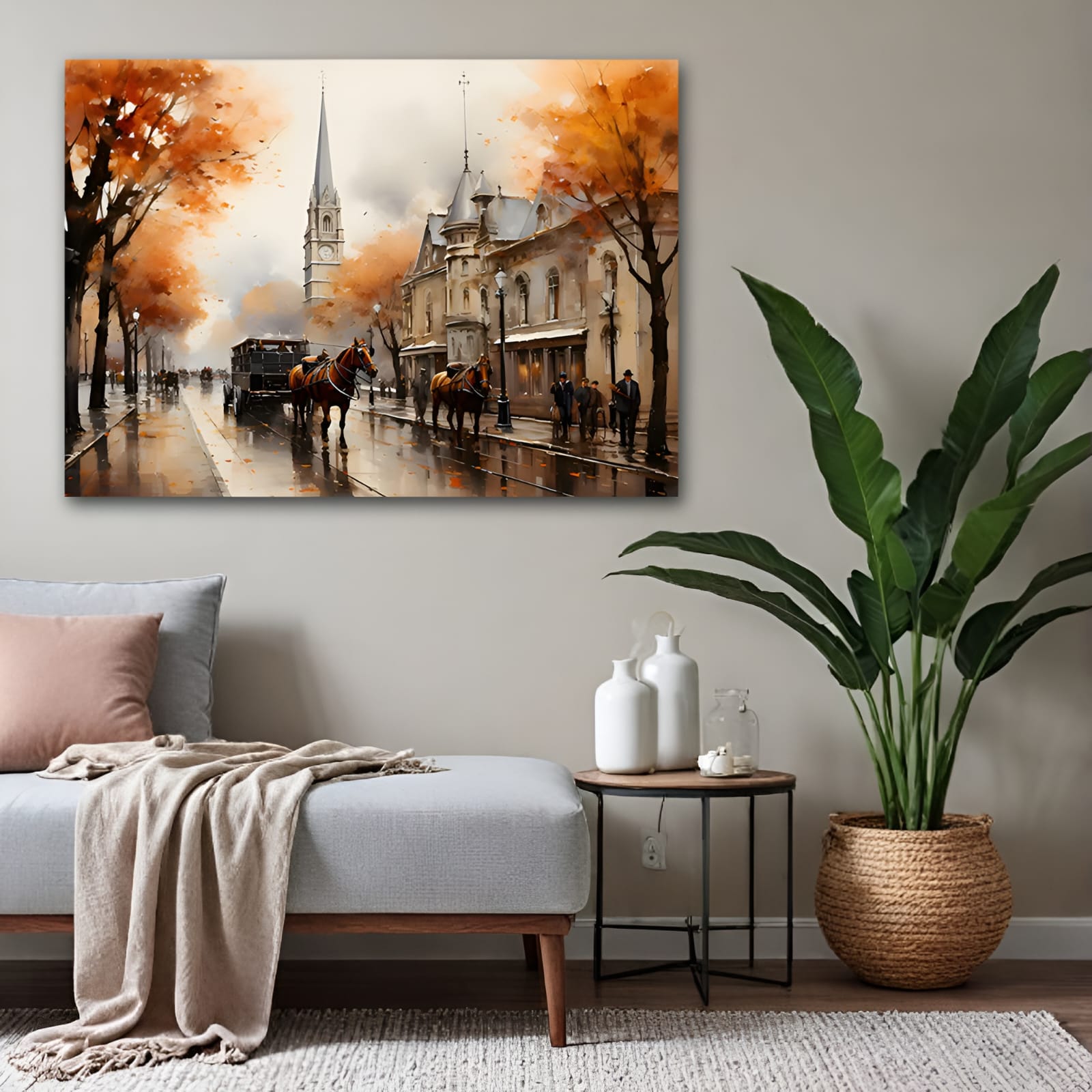 Vintage British Autumn Street Canvas Wall Art 