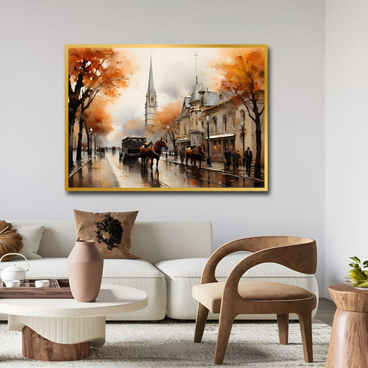 Vintage British Autumn Street Canvas Wall Art 