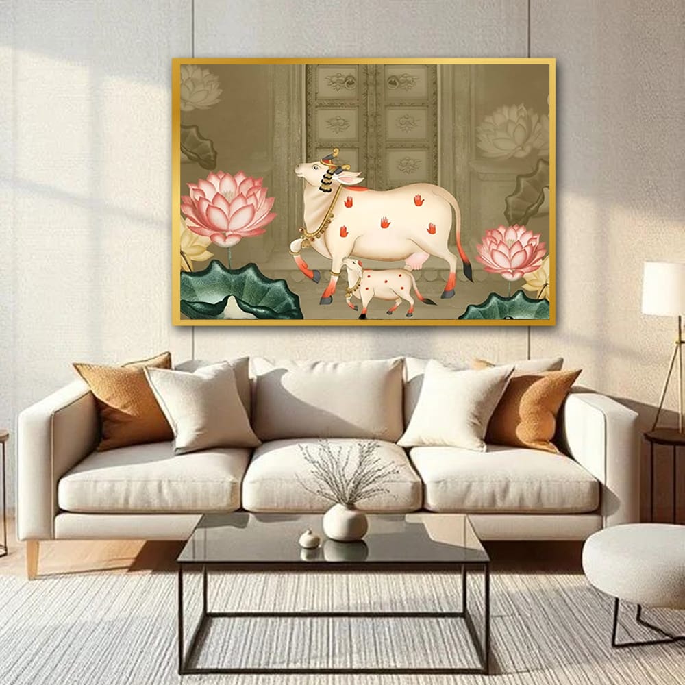Cow and Calf Canvas Wall Art – Traditional Pichwai Painting for Interiors