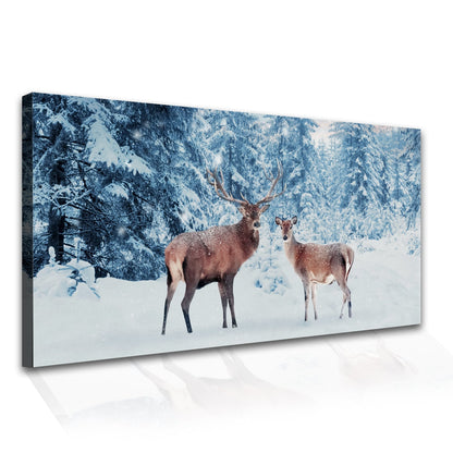 Family of noble deer in a snowy winter forest Canvas Wall Art Painting 