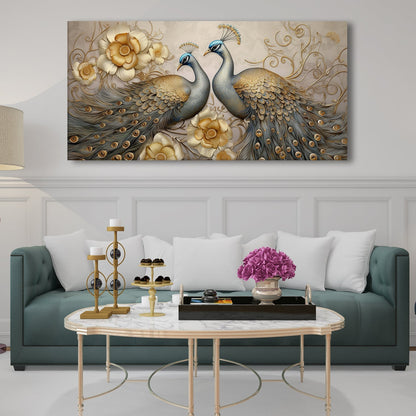 Peacock Tapestry Vintage Golden Canvas Wall Art Painting