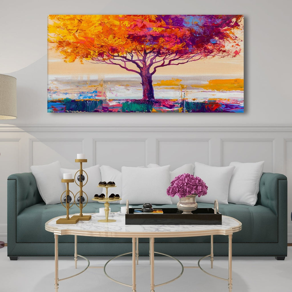 Abstract Lonely Rainbow Tree Blue Orange Canvas Wall Art Paintings