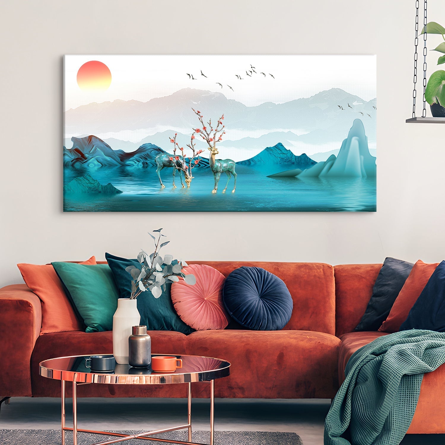 A group of deer in water with mountains and birds flying Canvas Wall Art Paintings