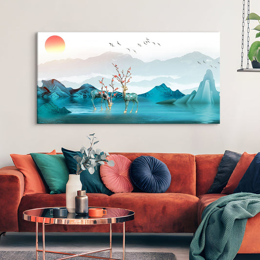 A group of deer in water with mountains and birds flying Canvas Wall Art Paintings