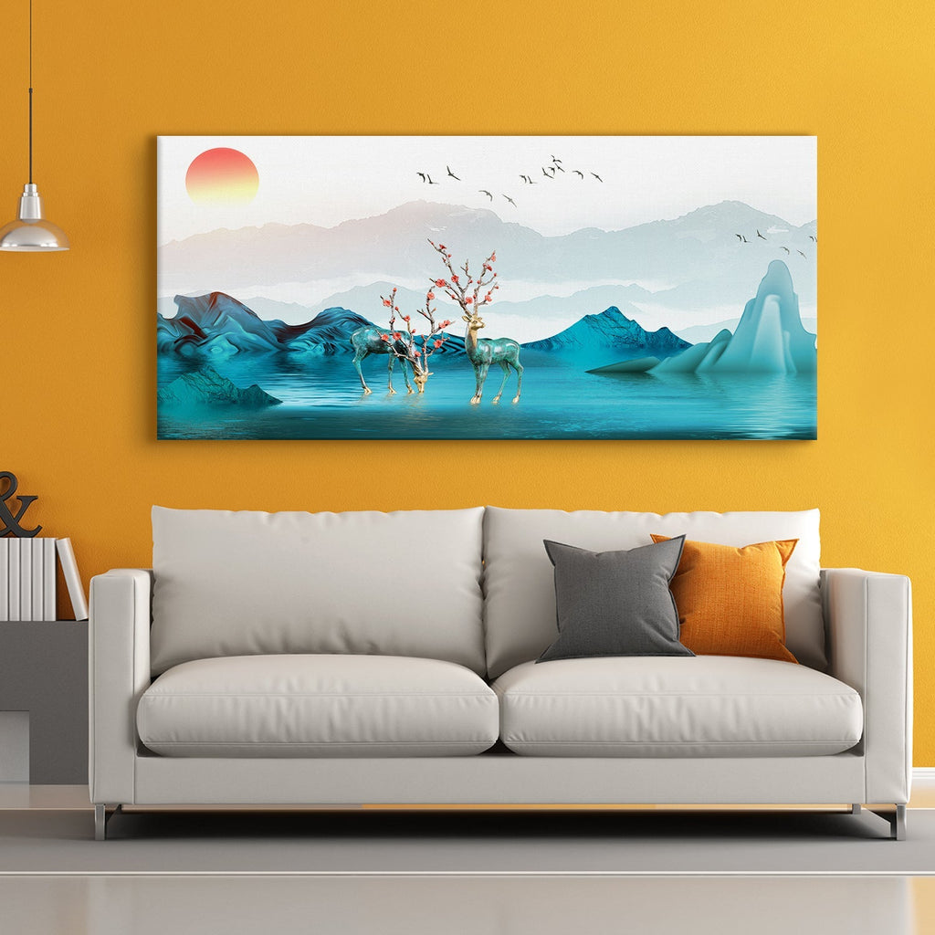 A group of deer in water with mountains and birds flying Canvas Wall Art Paintings