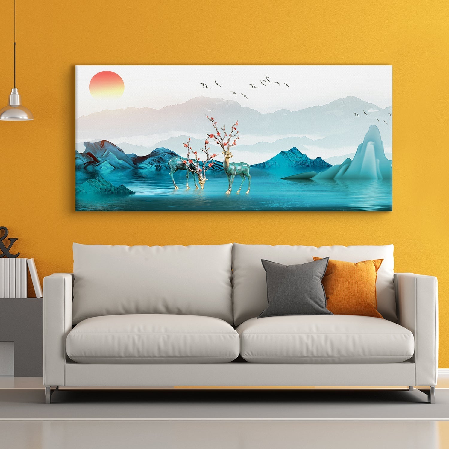 A group of deer in water with mountains and birds flying Canvas Wall Art Paintings