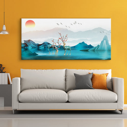 A group of deer in water with mountains and birds flying Canvas Wall Art Paintings