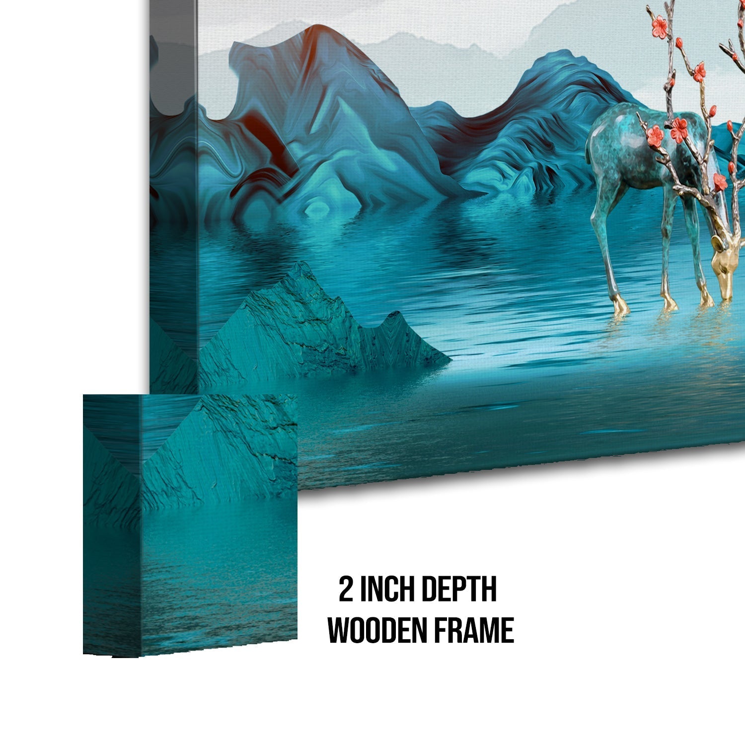 A group of deer in water with mountains and birds flying Canvas Wall Art Paintings