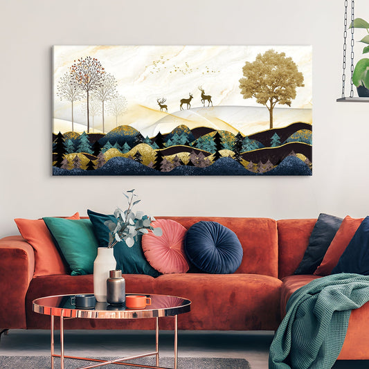 Deer in Forest Sunrise Landscape  Canvas Wall Art Paintings