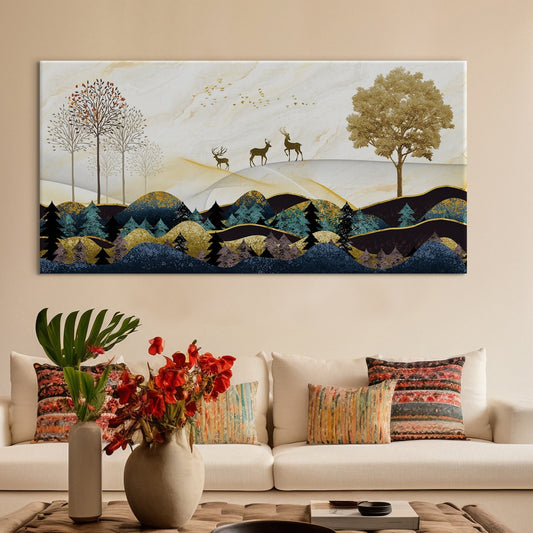Deer in Forest Sunrise Landscape  Canvas Wall Art Paintings