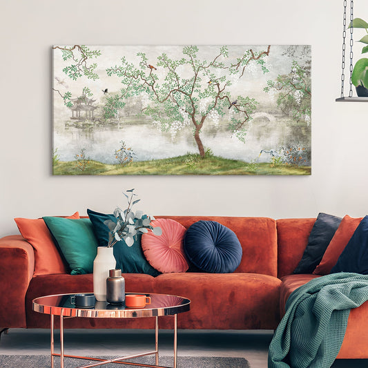 Chinoiserie Garden Green Oriental Wallpaper Canvas Wall Art Painting