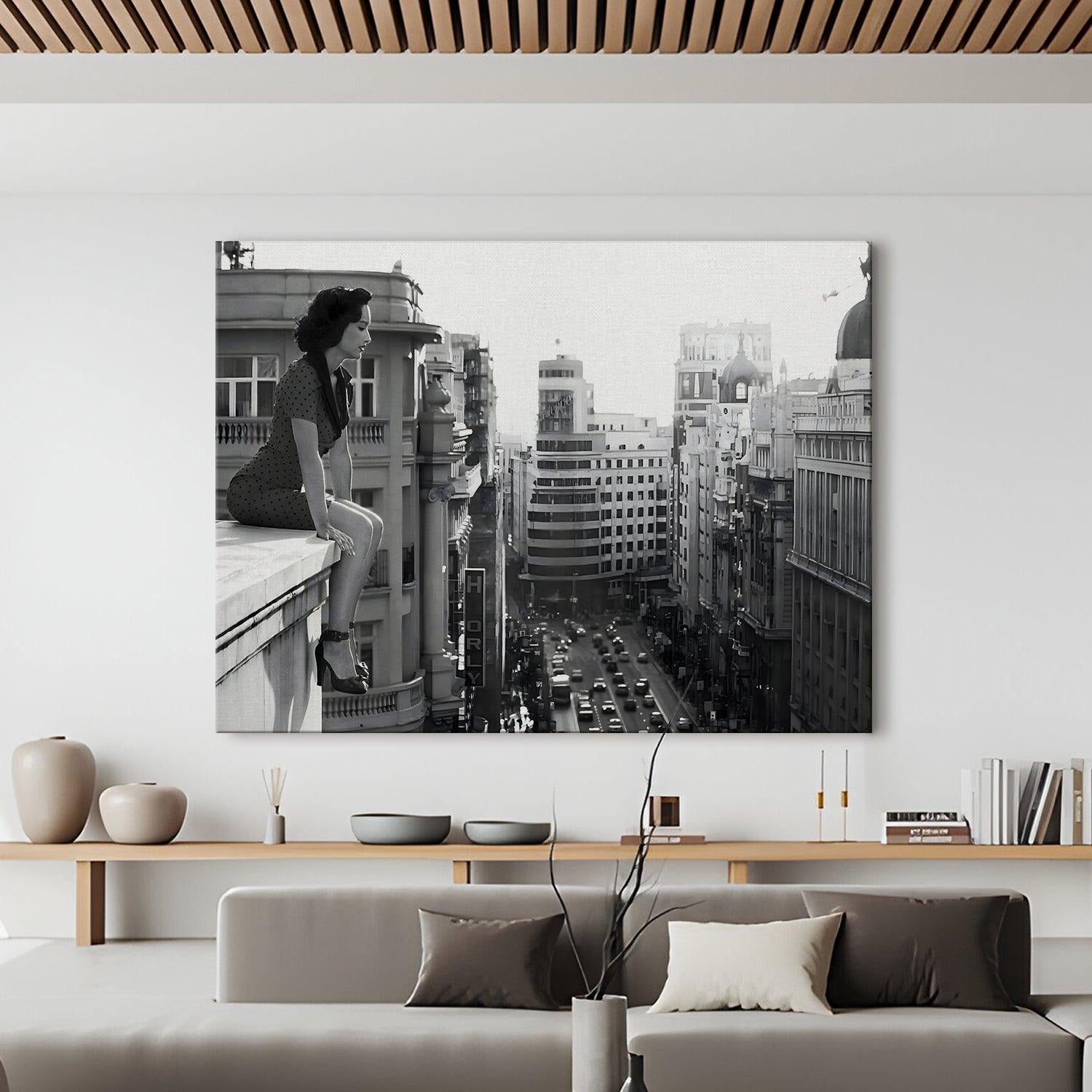 Woman on Ledge Wall Art – Timeless Urban Black & White