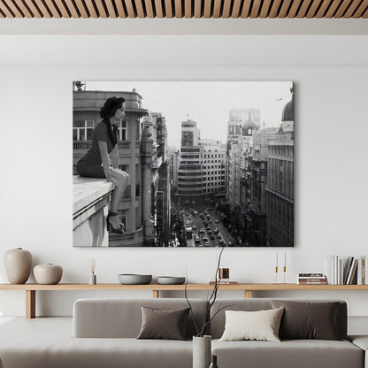 Woman on Ledge Wall Art – Timeless Urban Black & White