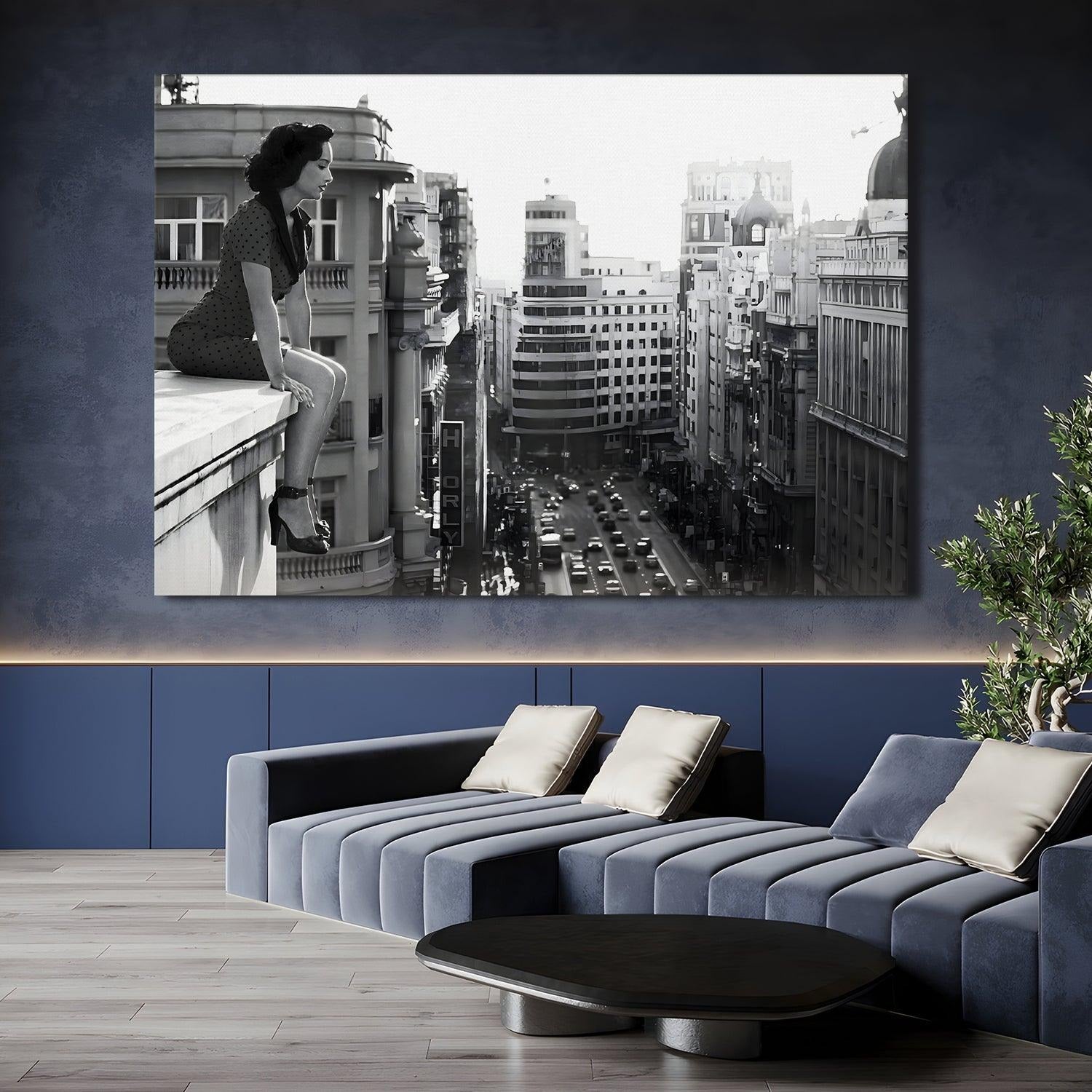 Woman on Ledge Wall Art – Timeless Urban Black & White