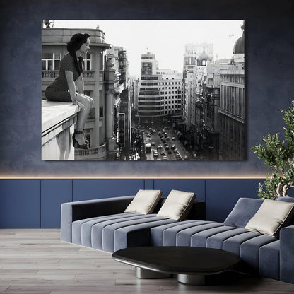 Woman on Ledge Wall Art – Timeless Urban Black & White