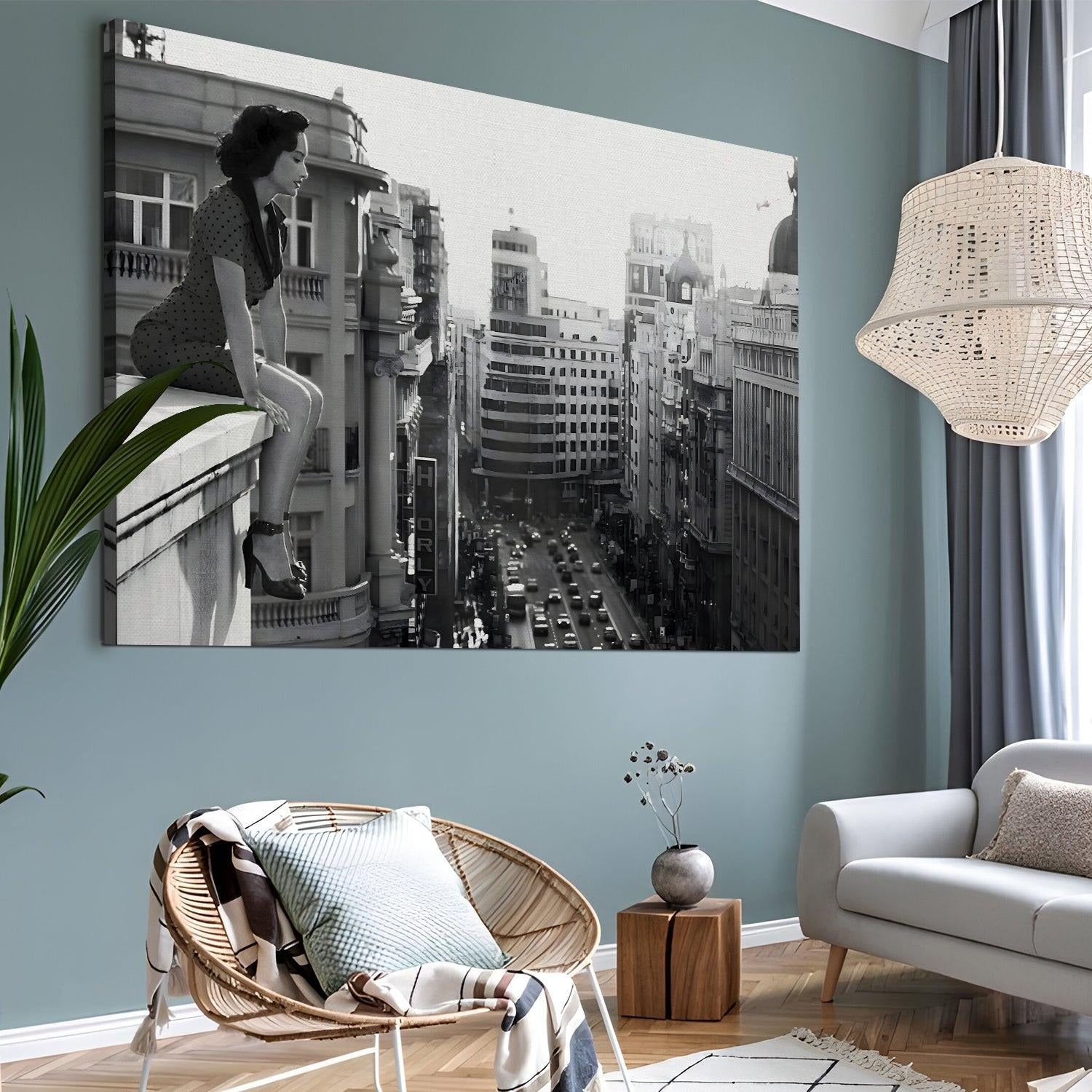 Woman on Ledge Wall Art – Timeless Urban Black & White