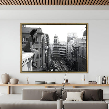 Woman on Ledge Wall Art – Timeless Urban Black & White