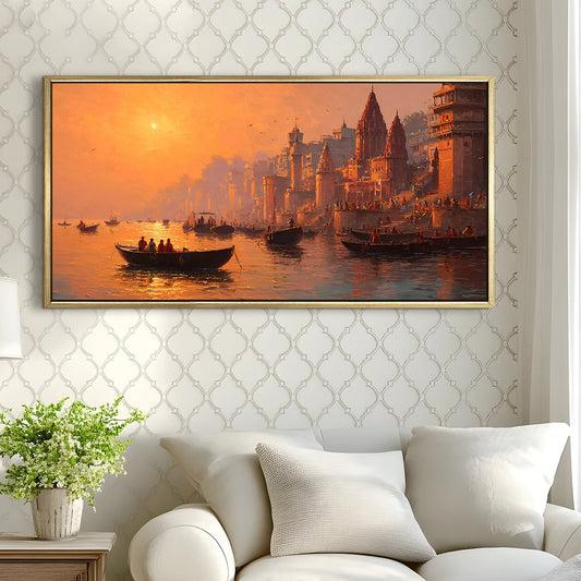 Banaras Ghats Painting – Spiritual Canvas Art of Varanasi’s Sacred River View