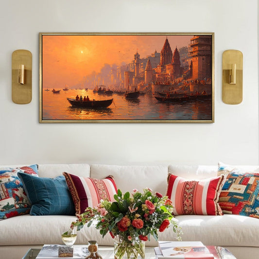 Banaras Ghats Painting – Spiritual Canvas Art of Varanasi’s Sacred River View