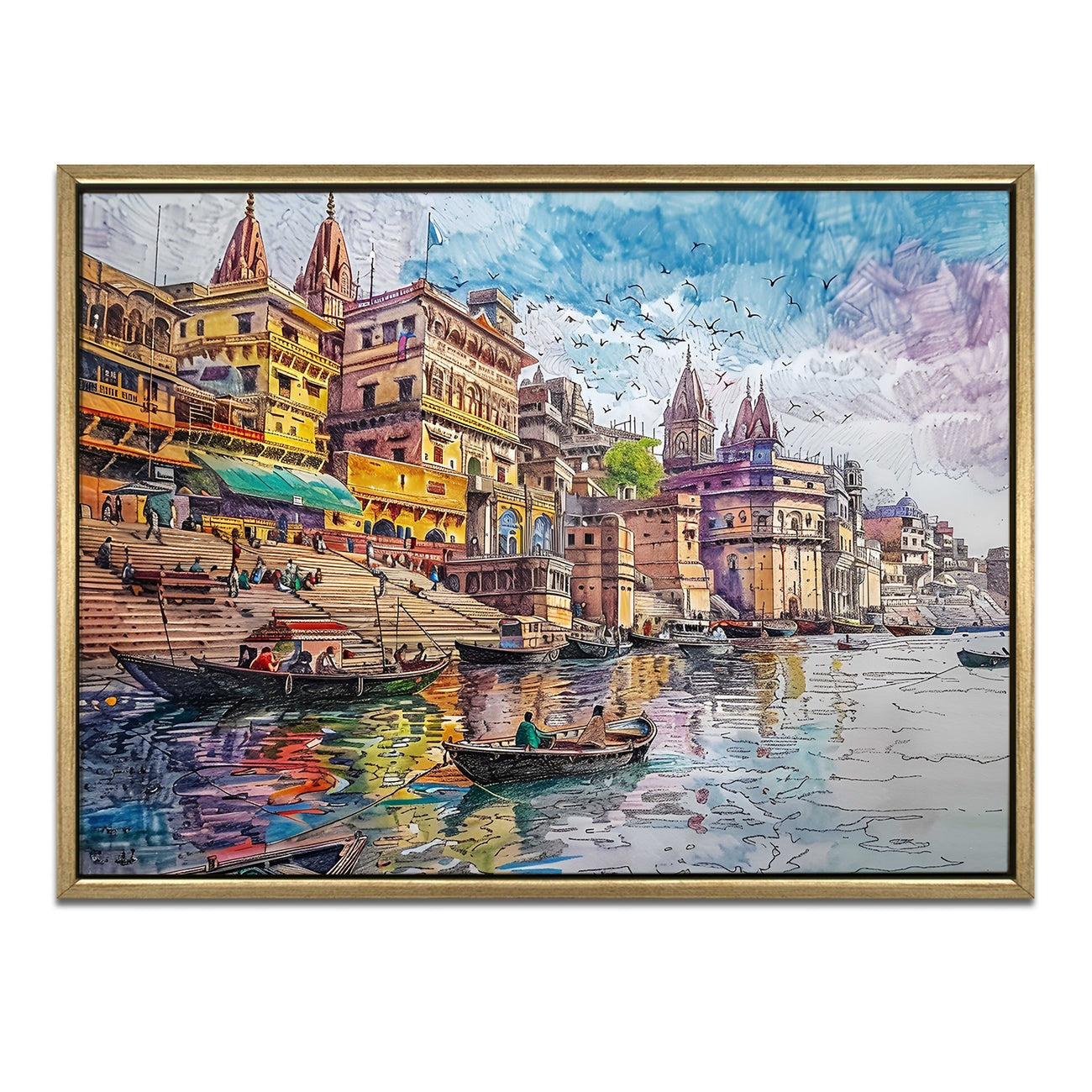 Banaras Ghats Painting – Holy River Scene Wall Art for Home & Office