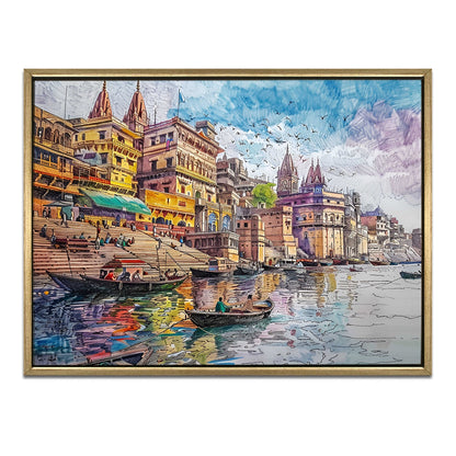 Banaras Ghats Painting – Holy River Scene Wall Art for Home & Office