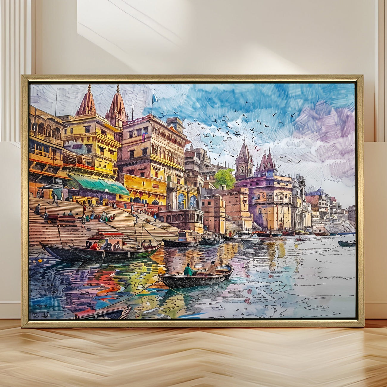 Banaras Ghats Painting – Holy River Scene Wall Art for Home & Office