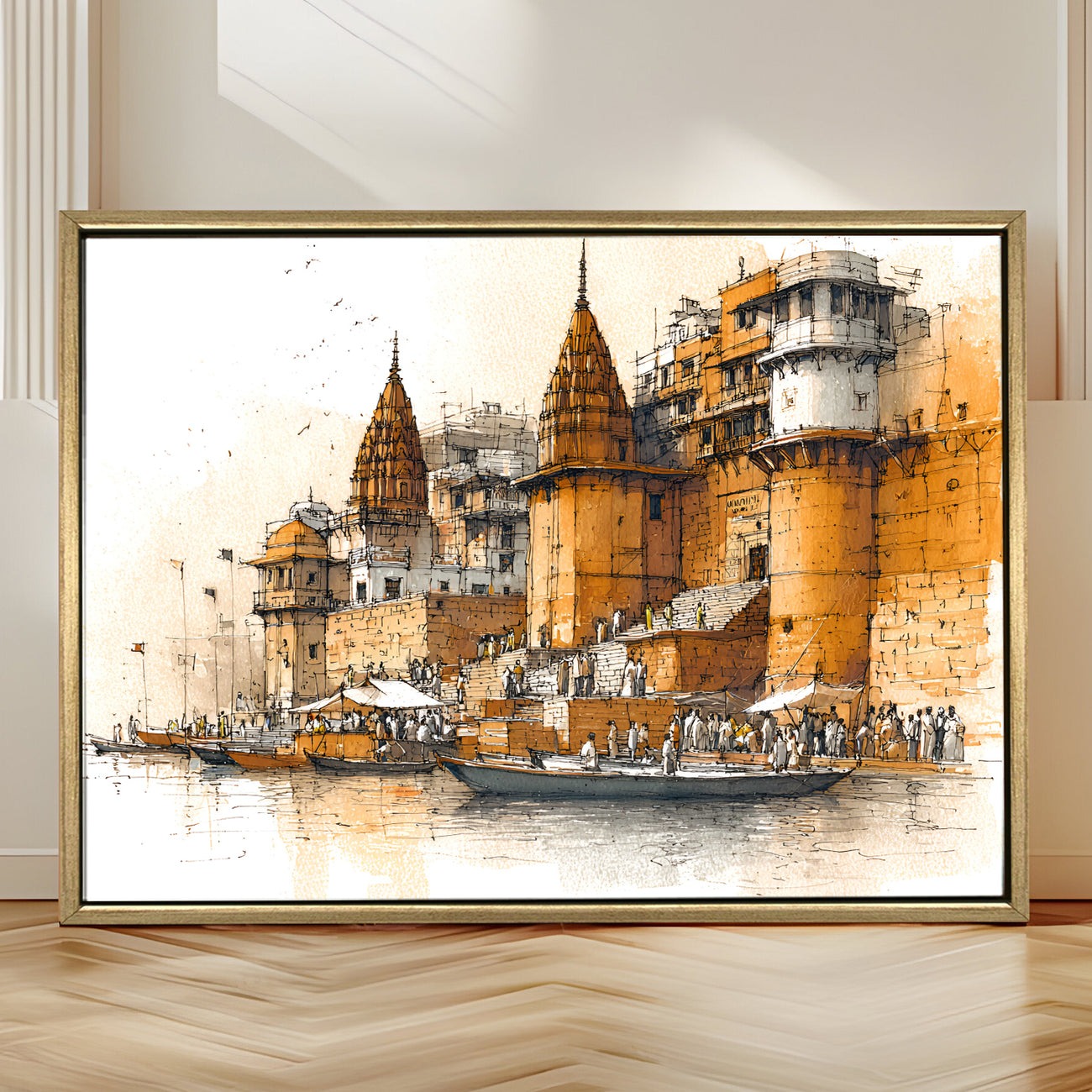Banaras Ghats Painting – Traditional Varanasi Riverbank Wall Decor