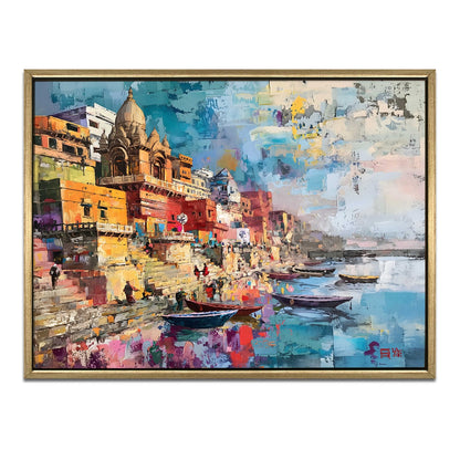 Banaras Ghats Painting – Divine Varanasi Canvas Art for Meditation Room