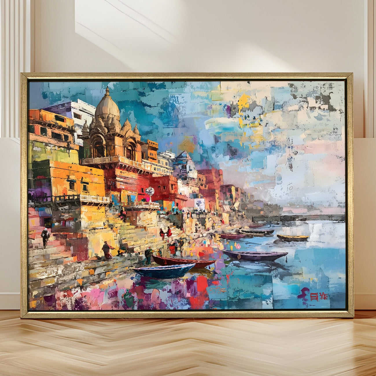Banaras Ghats Painting – Divine Varanasi Canvas Art for Meditation Room
