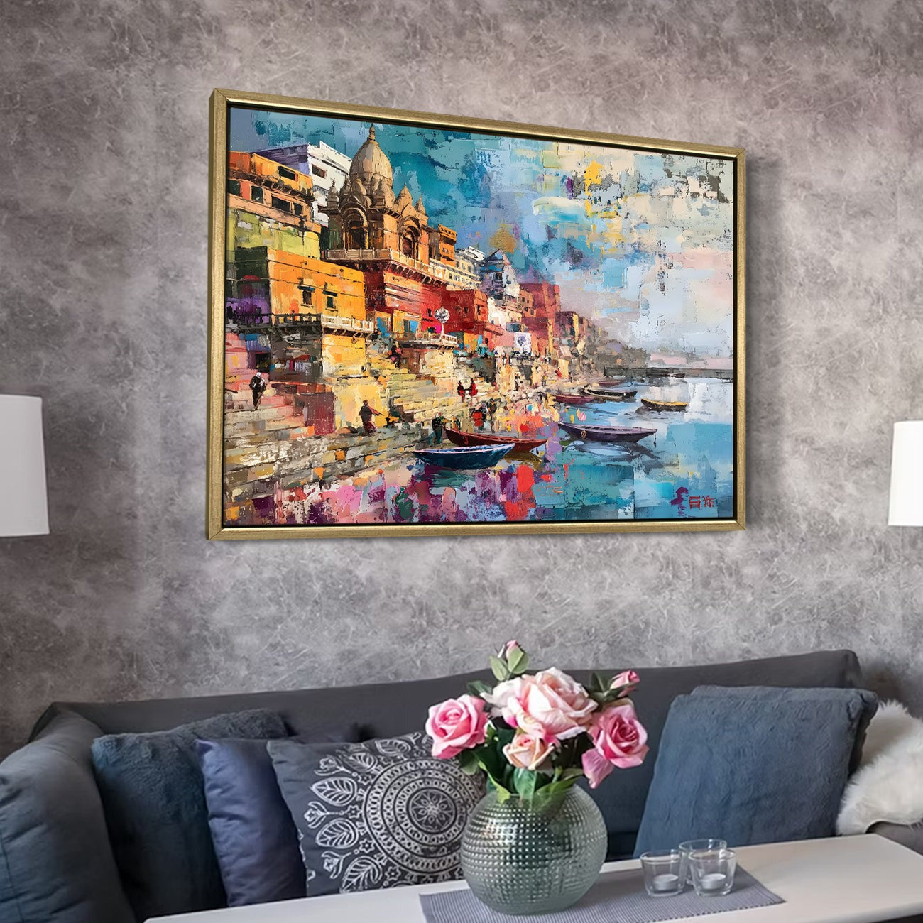 Banaras Ghats Painting – Divine Varanasi Canvas Art for Meditation Room