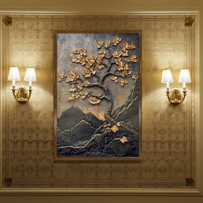 Golden Lucky Wish Tree Vastu Canvas Painting – Elegant Home Decor Artwork