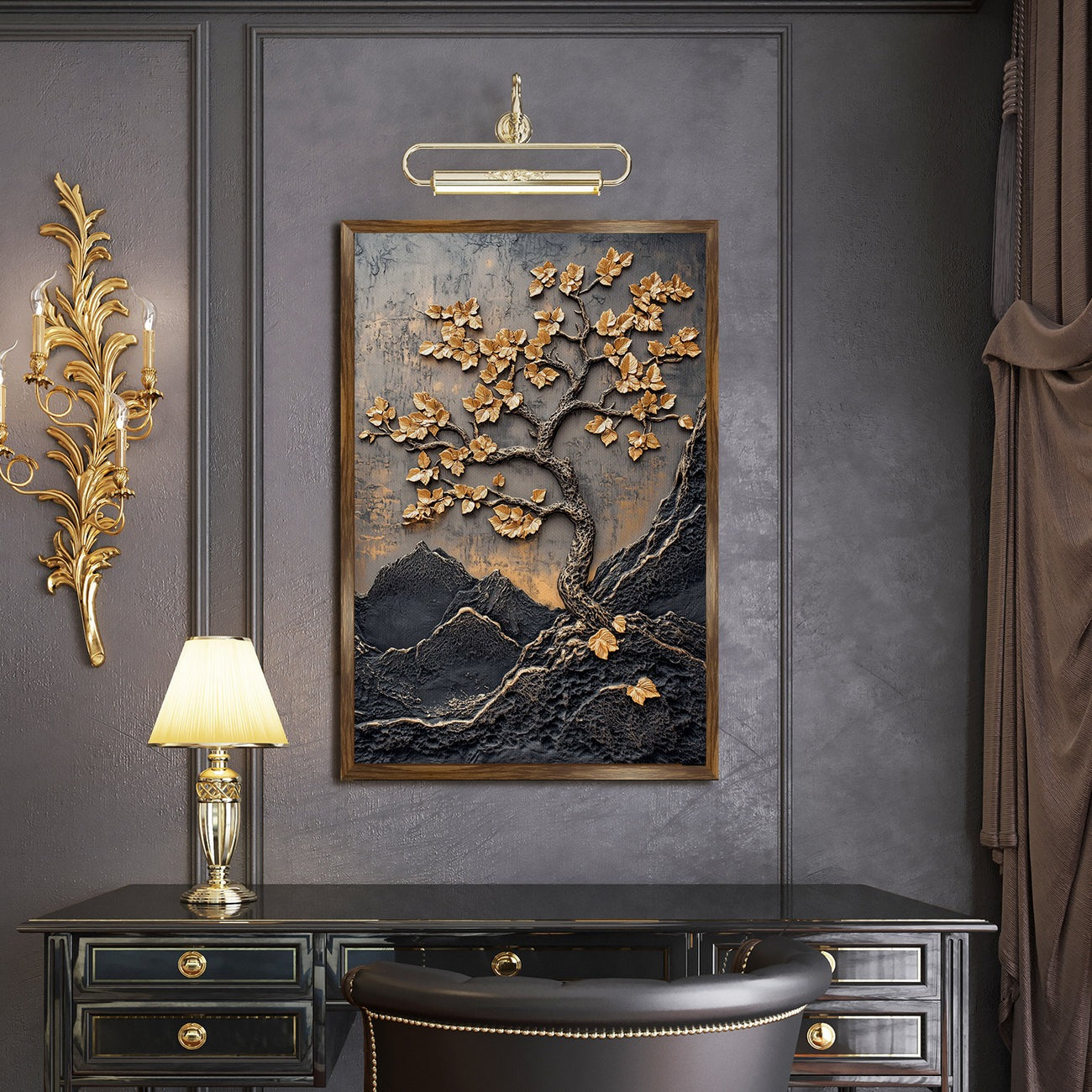 Golden Lucky Wish Tree Vastu Canvas Painting – Elegant Home Decor Artwork