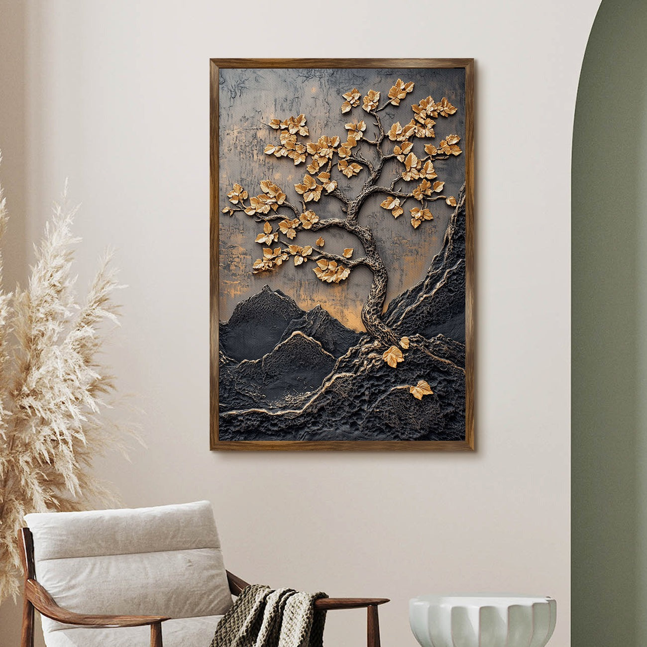 Golden Lucky Wish Tree Vastu Canvas Painting – Elegant Home Decor Artwork