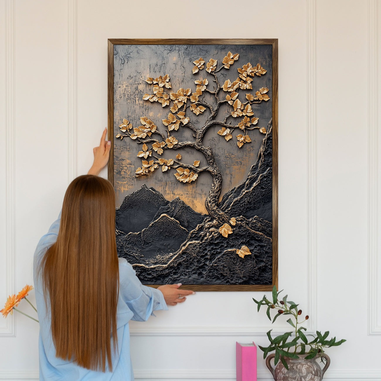 Golden Lucky Wish Tree Vastu Canvas Painting – Elegant Home Decor Artwork